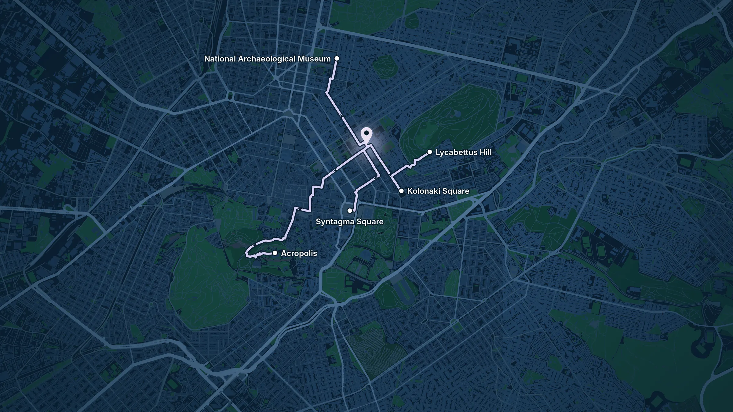 Map of central Athens with the hotel in Kolonaki and walking routes to Kolonaki Square, Syntagma Square, Lycabettus Hill, the Acropolis and the National Archaeological Museum.